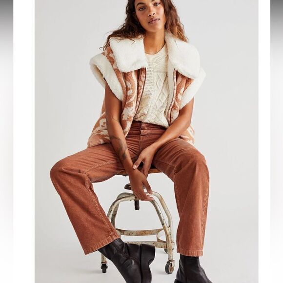 NWT Free People Brown Pax Slim Corduroy Boyfriend Jeans 32 MidRise Straight Pant - Picture 3 of 13